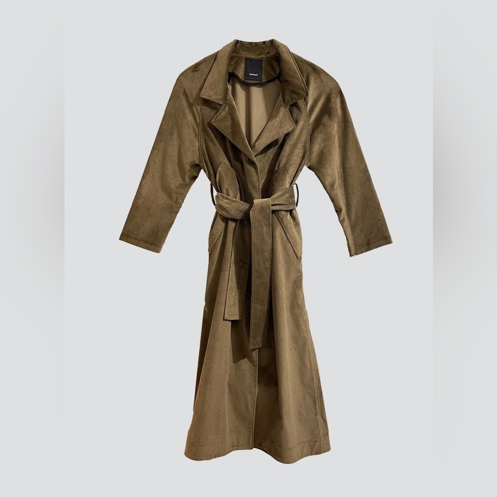 Olive Corduroy Maxi Raglan Trench Coat from Assembly New York